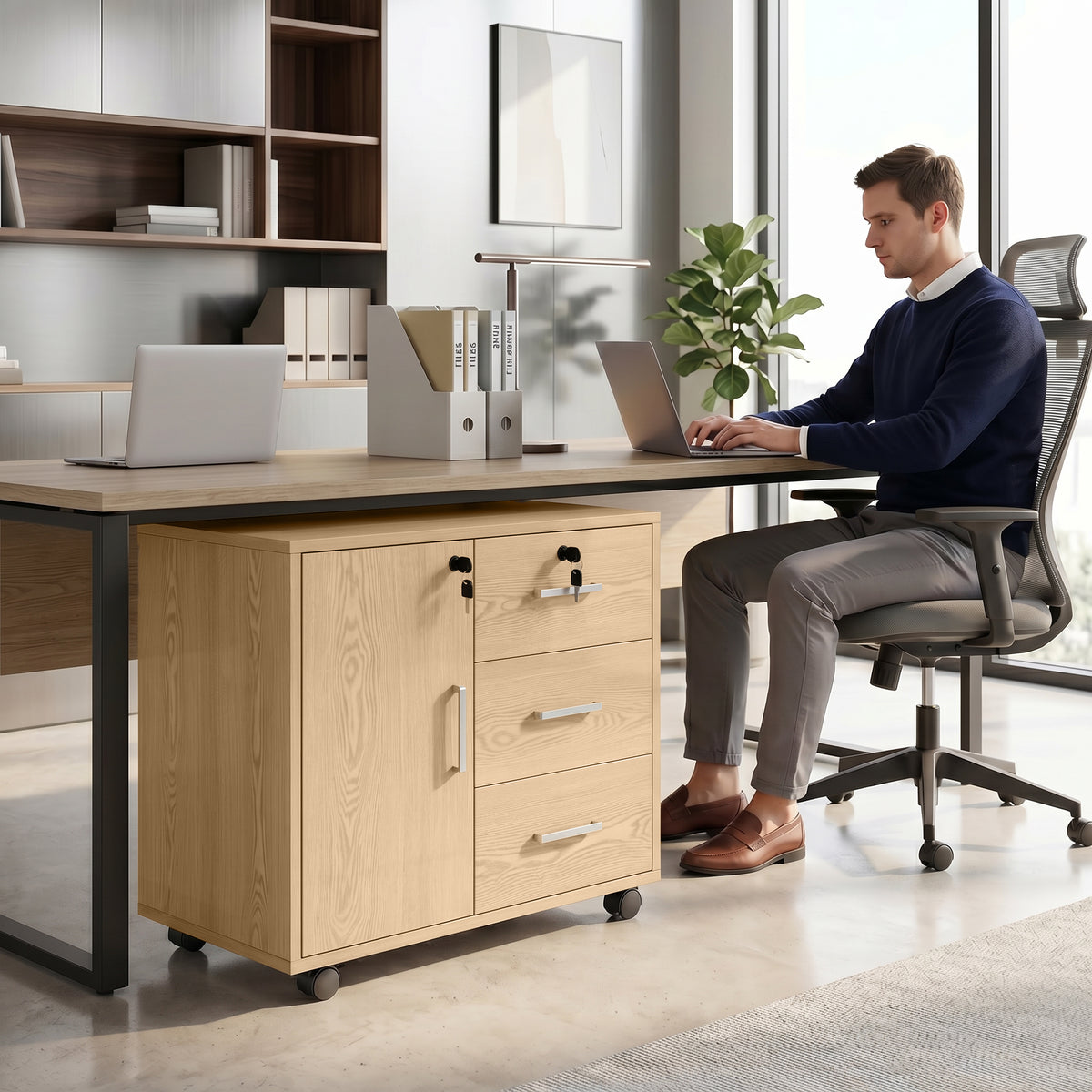 Caisson bureau meuble de rangement verrouillable avec 3 tiroirs et étagère réglable, roulettes, 40 x 60 x 56 cm, marron clair-9