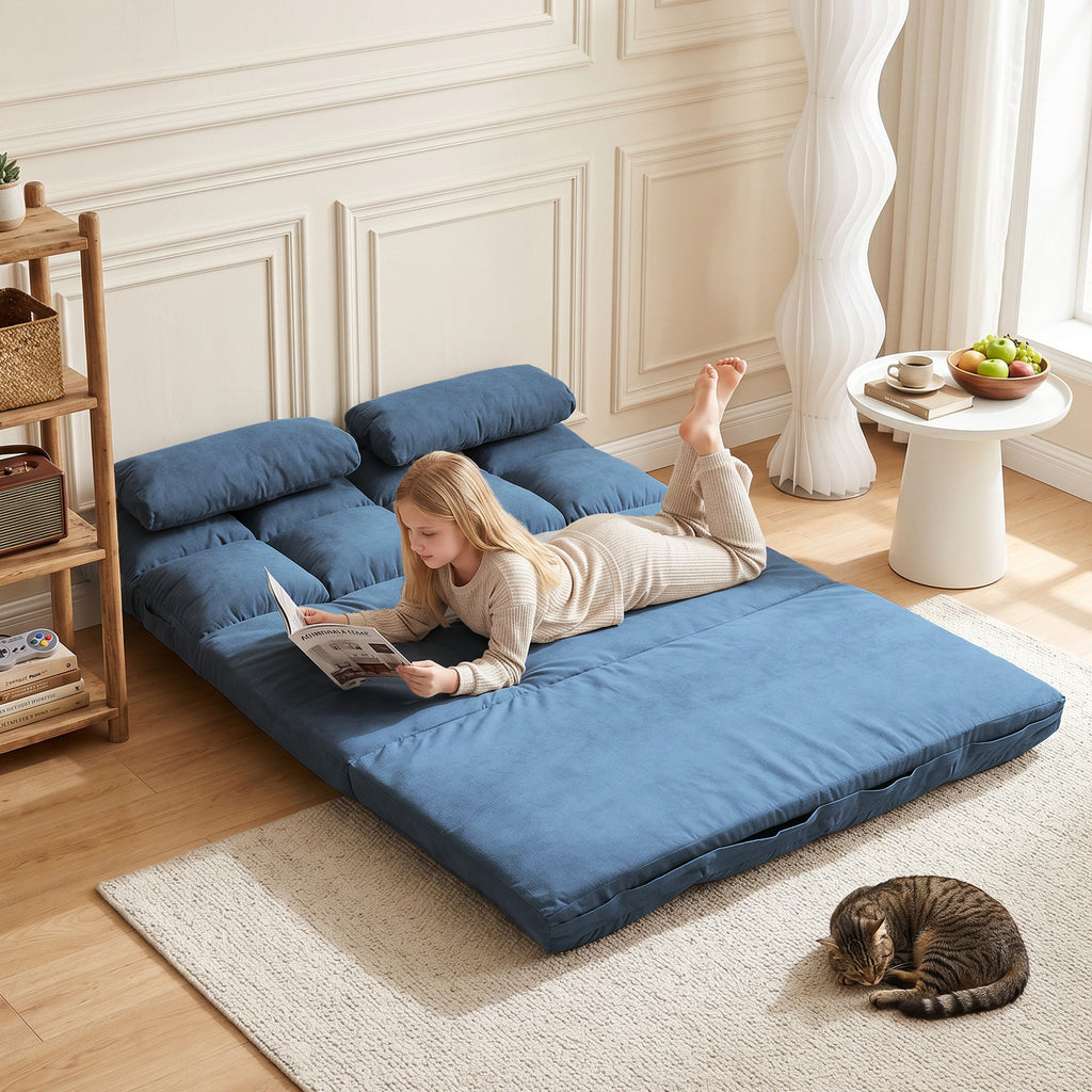 Chauffeuse matelas d'appoint pliant convertible - inclinaison dossier réglable 14 positions - 2 coussins inclus, bleu-7