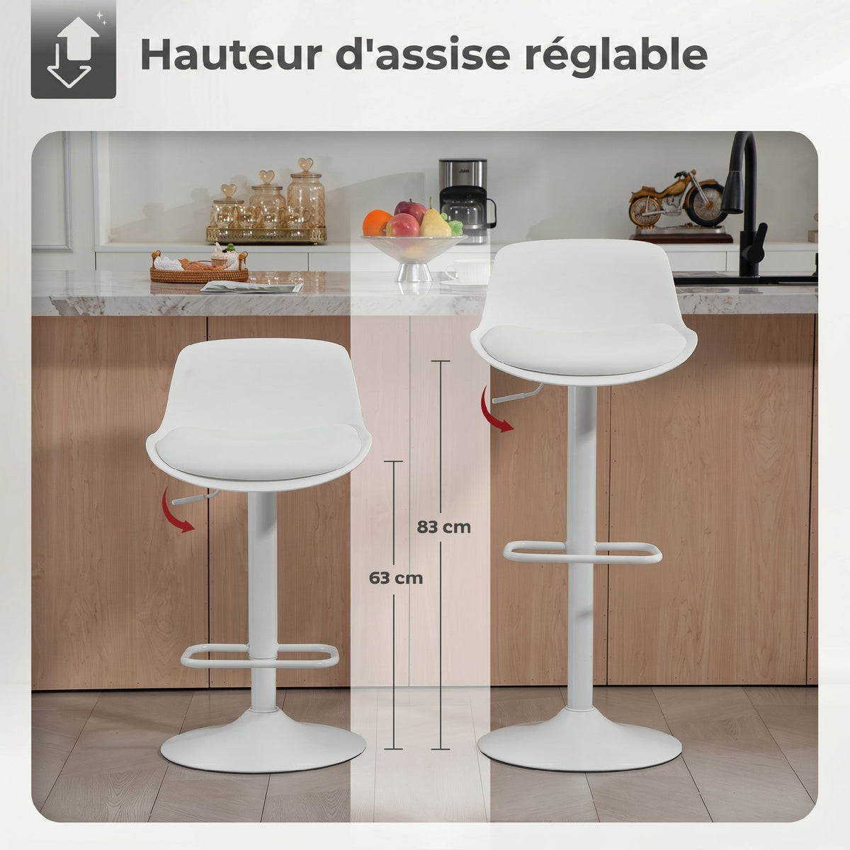 Lot de 2 tabourets de bar, tabourets hauts cuisine avec siège pivotant et hauteur réglable, 43 x 45 x 100 cm, blanc-3