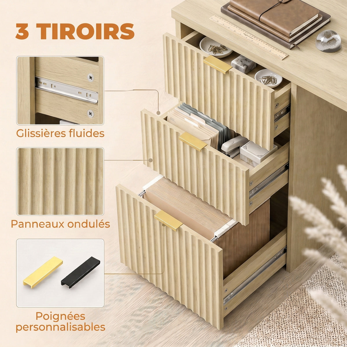 Bureau d'Ordinateur, Rangement Réversible, 3 Tiroirs Façades Ondulées, Plateau Épais et Spacieux, 120x50x76cm, Chêne-6