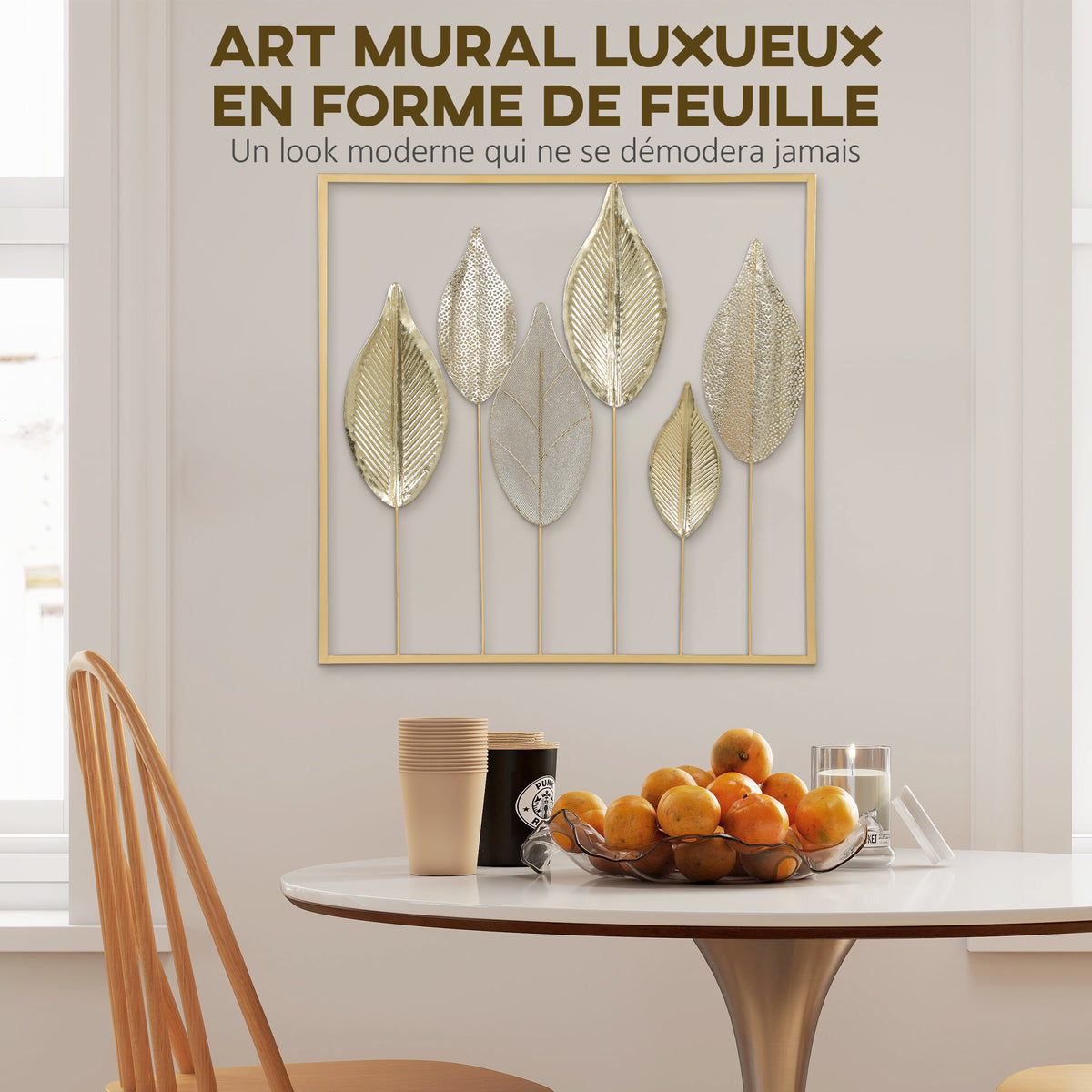 Décoration murale en métal moderne, sculpture murale en métal en forme de feuille, 70 x 70 cm, doré-3
