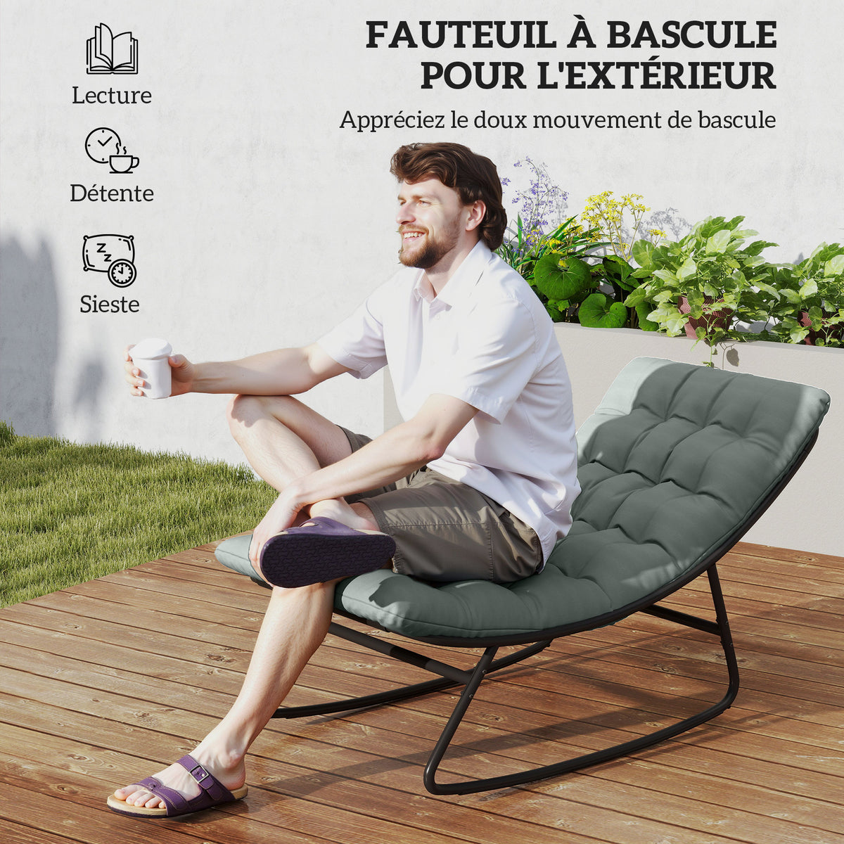 Lot de 2 fauteuils à bascule extérieur avec coussins épais, siège tissu textilène respirant et cadre en acier, gris-3