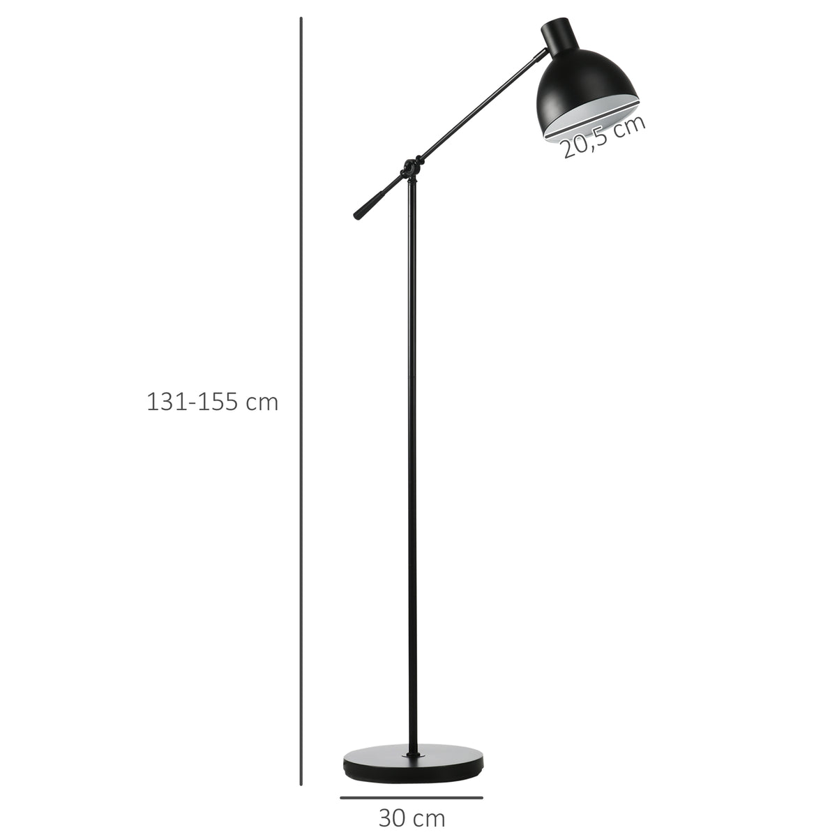 Lampadaire sur pied salon 40 W hauteur réglable, abat-jour et bras orientable, interrupteur à pied, culot E27, noir-2