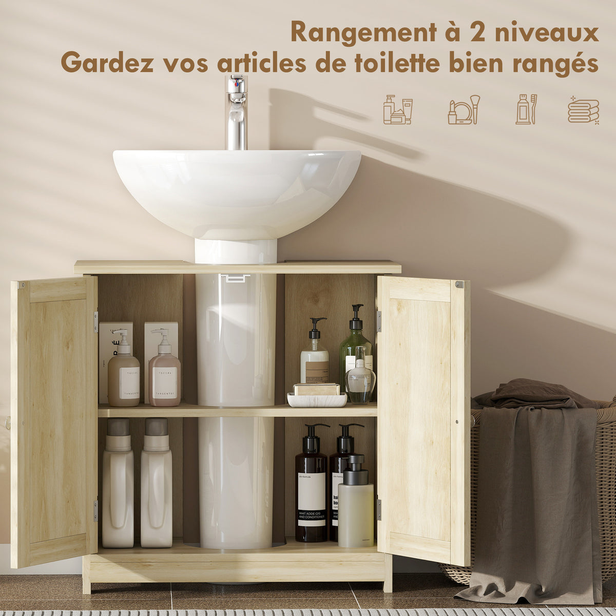 Meuble Salle de Bain sous Lavabo, Meuble sous-Vasque, Placard 2 Portes avec Étagère, 60x30x60cm, Chêne-4
