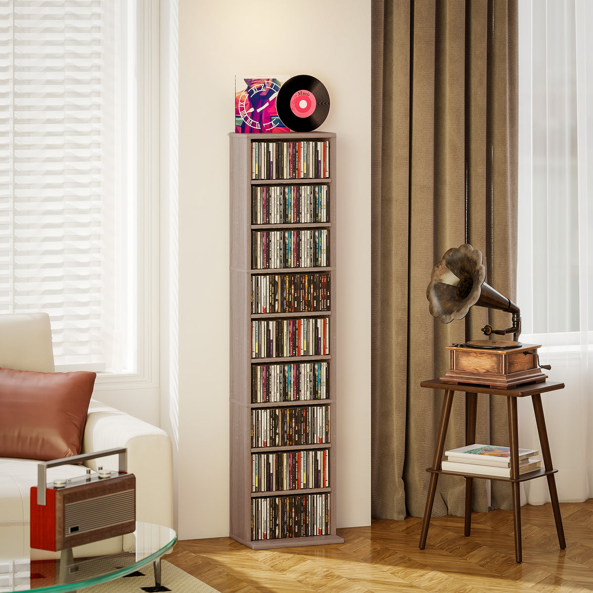 Rangements pour CD et DVD 9 compartiments et 6 étagères réglables capacité max. 260 CD/120 DVD 33 x 24 x 140 cm bois naturel-1