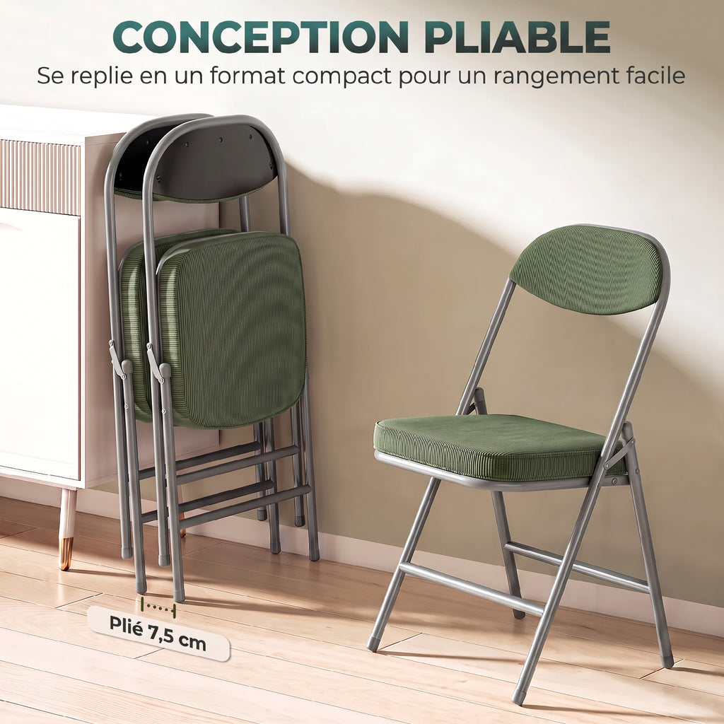 Lot de 2 chaises pliantes chaises de salle à manger portables avec assises et dossiers rembourrés en velours côtelé vert-4
