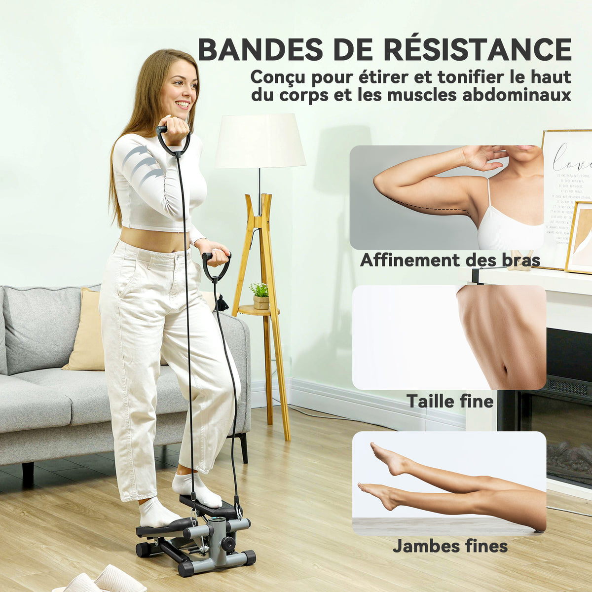 Mini stepper de fitness machine de step bandes de résistance, écran LCD et pédales antidérapantes 41x30,5x18,5cm gris-3