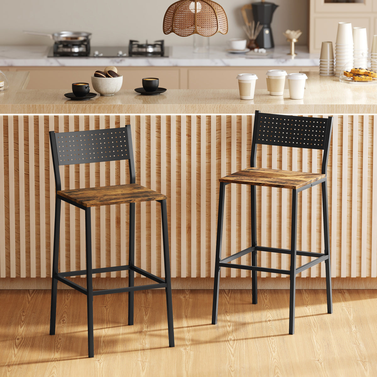 Lot de 2 tabourets de bar, chaises de bar, assise 72,5H cm, dossier et repose-pieds, pieds en métal, brun rustique-1