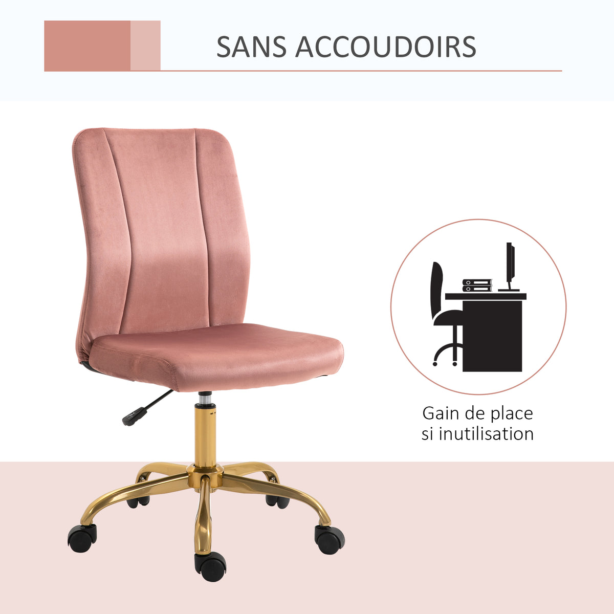 Chaise de bureau fauteuil pivotant 360° ergonomique hauteur réglable revêtement velours  rose et doré-4