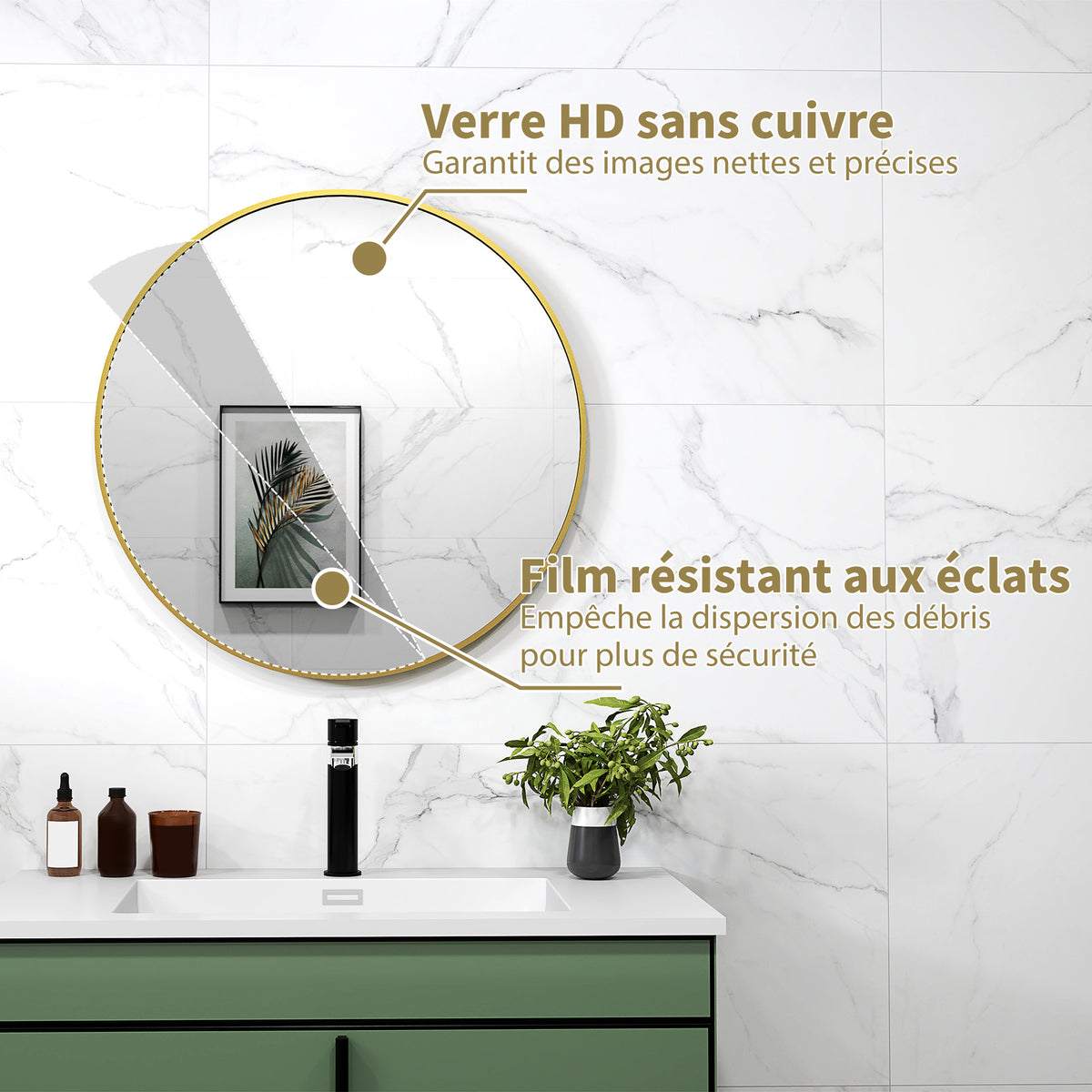 Miroir rond miroir salle de bain cadre en métal facile à installer, pour chambre, salon, entrée, Ø 70 x 2,5 cm or-4