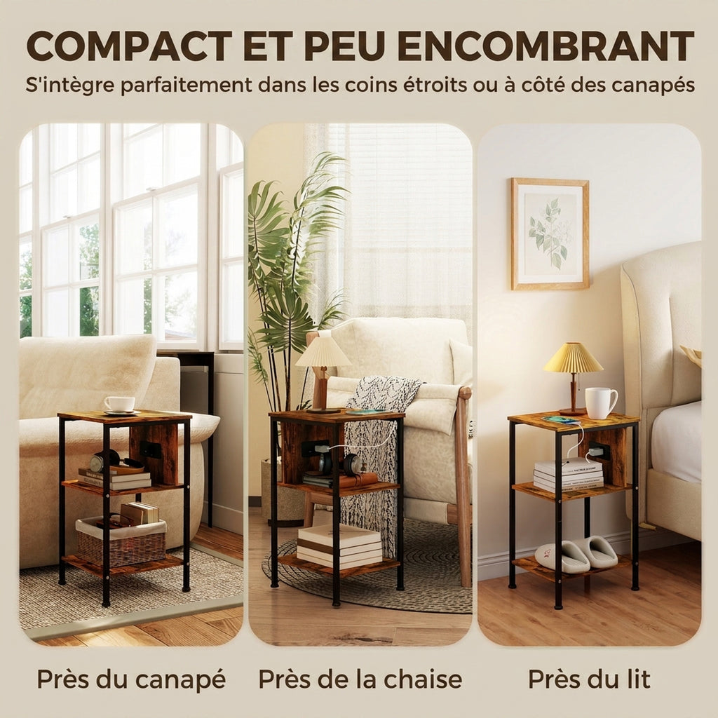 Table d'appoint avec station de charge, bout de canapé étroit avec 2 étagères ouvertes, style industriel, brun rustique-6