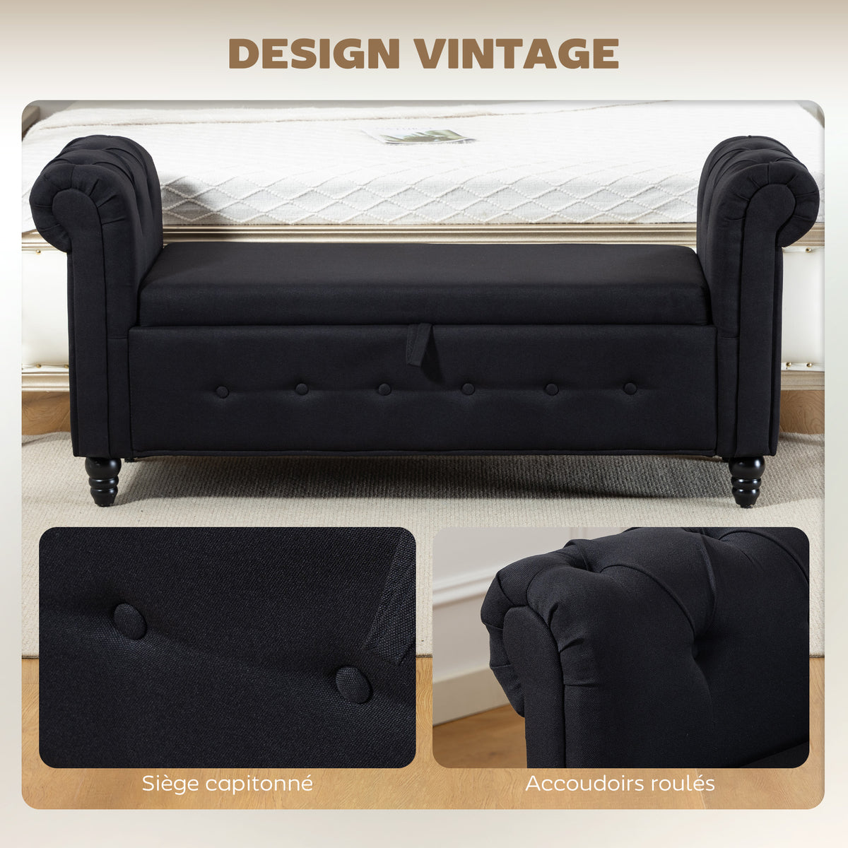Banc banquette coffre 2 en 1 en tissu aspect lin avec pieds en bois 146,5 x 49 x 72 cm noir-5