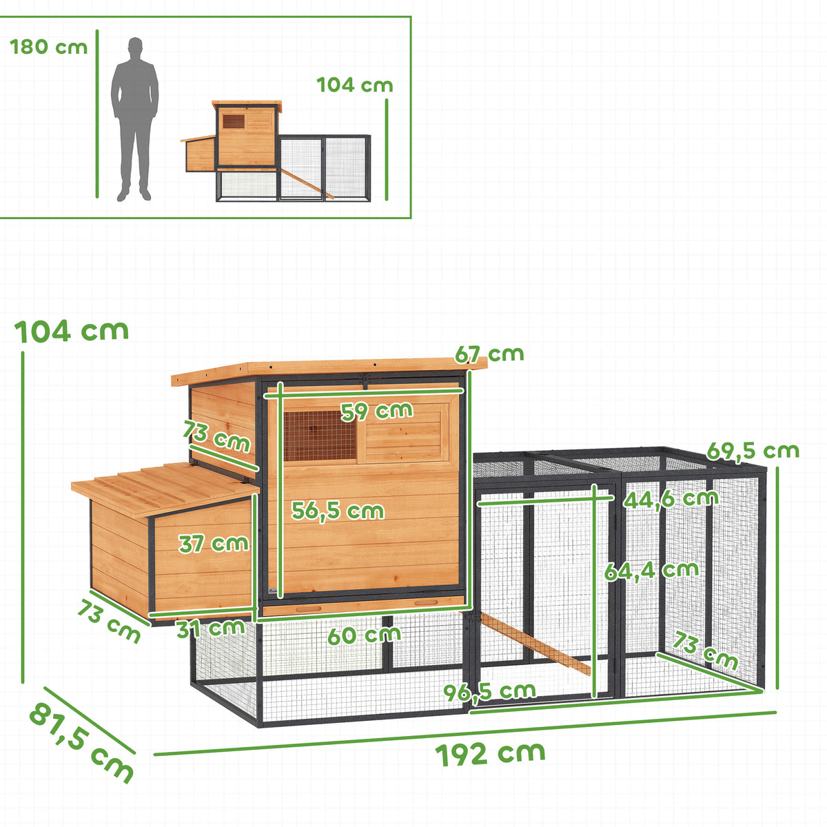 Poulailler cage à poule en bois et acier avec enclos pondoir tiroir à déjection et toit ouvert 192x81,5x104cm orange-2