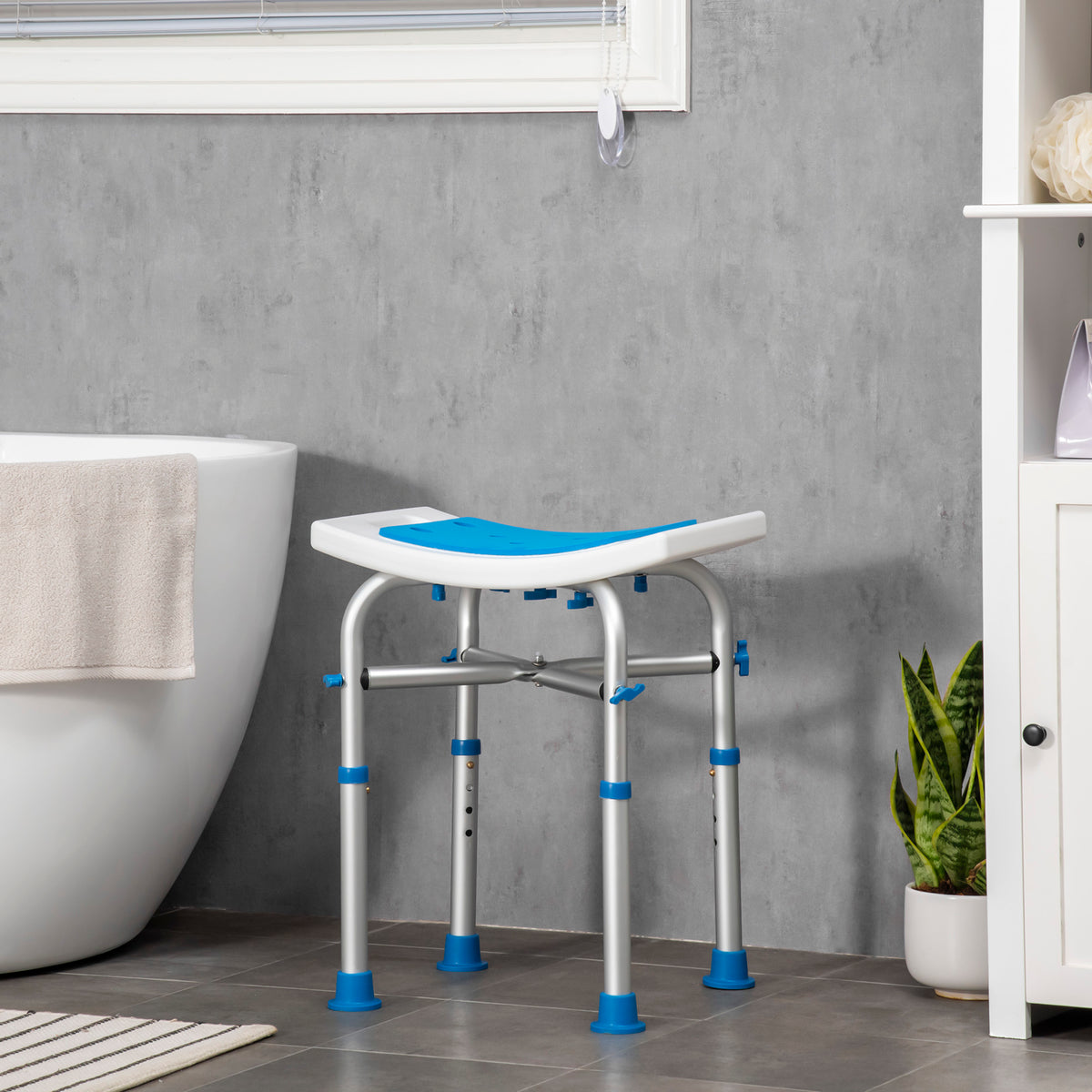 Tabouret de douche chaise de douche - assise rembourré et réglable, patins à ventouses antidérapants, en aluminium bleu-1