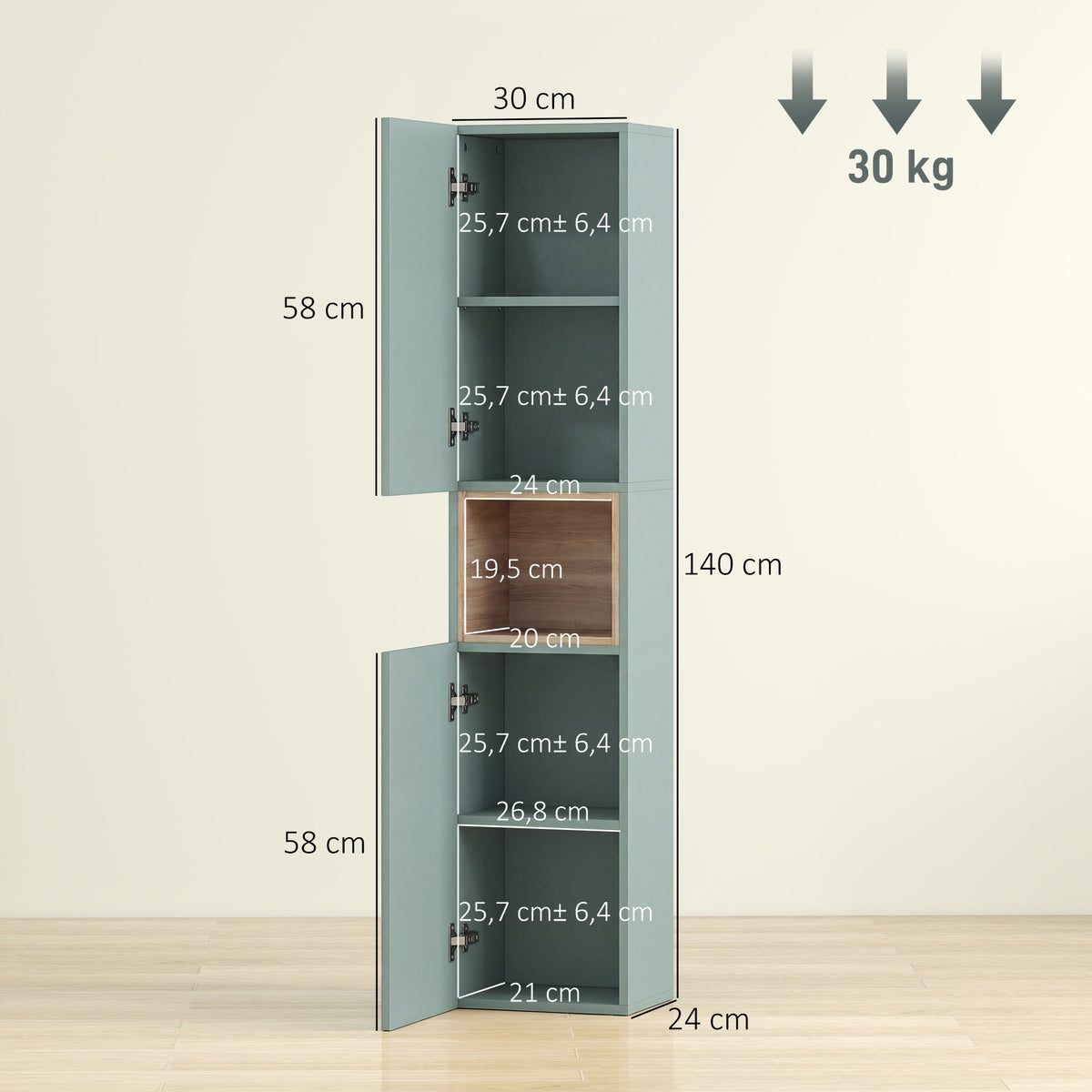 Meuble colonne salle de bain, meuble de rangement, 2 portes, compartiment et étagères réglables, 30x24x140cm, vert-2