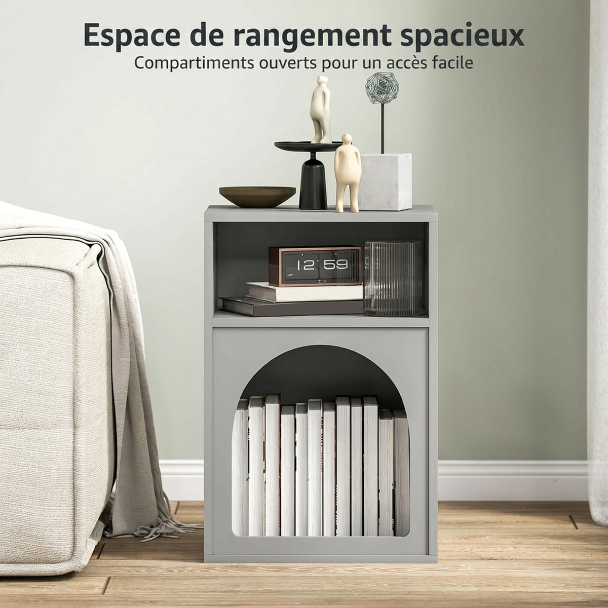 Table de chevet, table de nuit avec compartiments ouverts, design arqué, 40 x 30 x 60 cm, gris-4