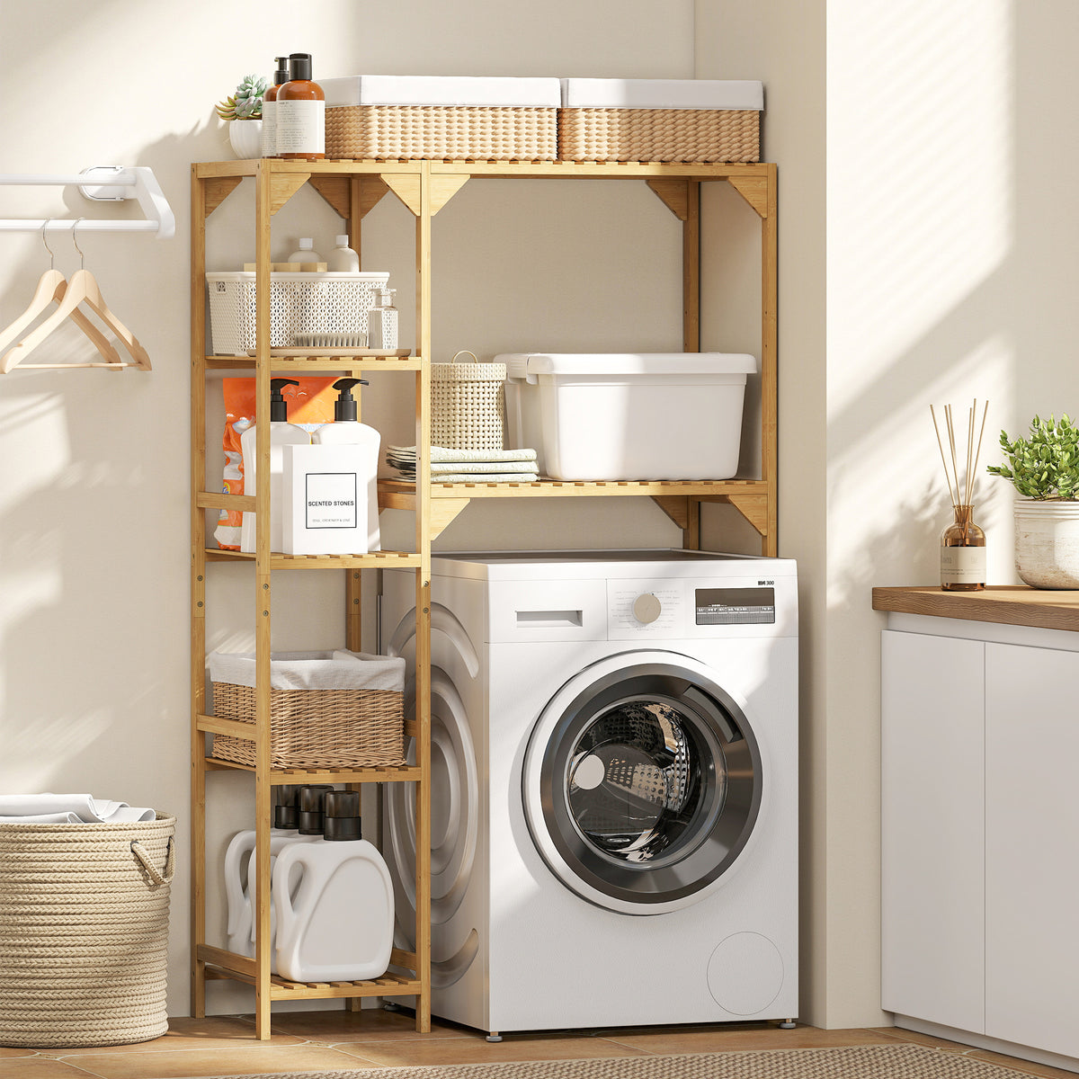 Étagère au-dessus de Machine à Laver en Bambou, Meuble de Salle de Bain Moderne avec Étagères Réversibles, Bois Naturel-1