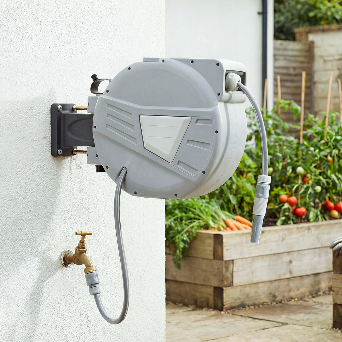 Enrouleur Tuyau Arrosage Mural 30+2 m x Ø 15mm, Dévidoir de Tuyaux d'Eau Rétractable Automatique Pivotant à 180°, Gris-1