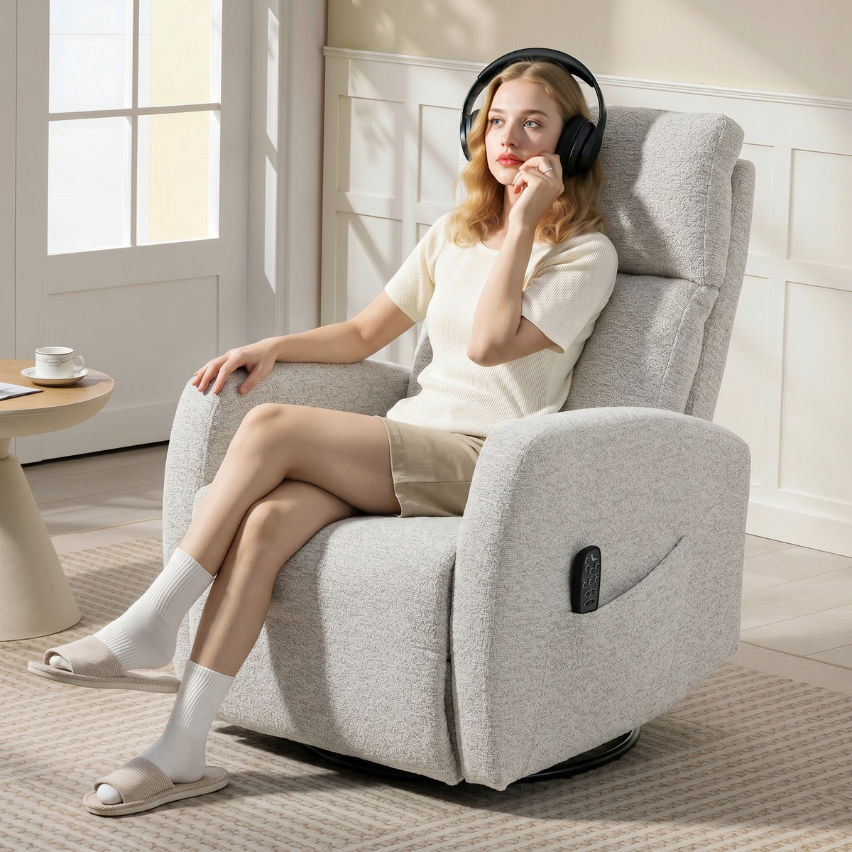Fauteuil inclinable de massage et chauffage, fauteuil de relaxation en chenille, dossier réglable, pivotant 360°, crème-8