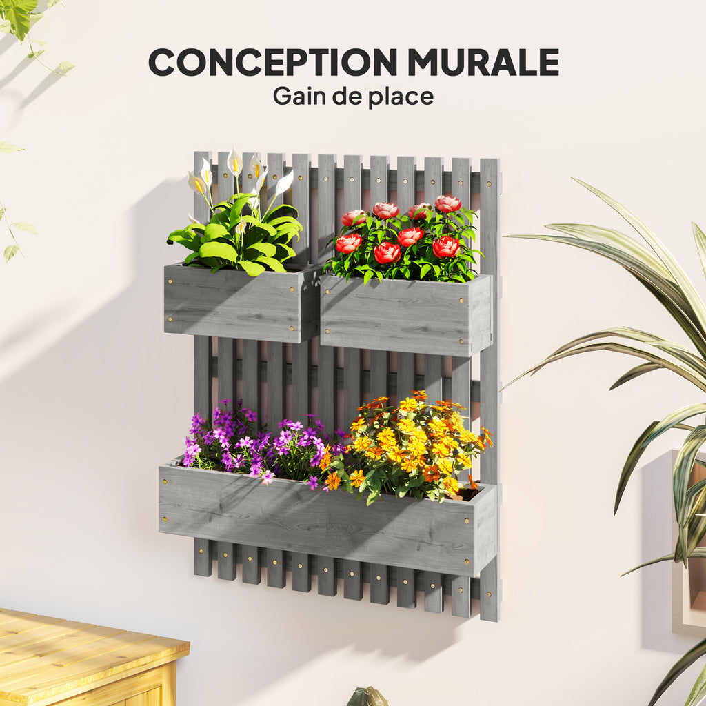 Jardinière murale potager avec 3 bacs en bois massif amovibles, tissu non tissé, 60 x 16 x 80 cm gris-3
