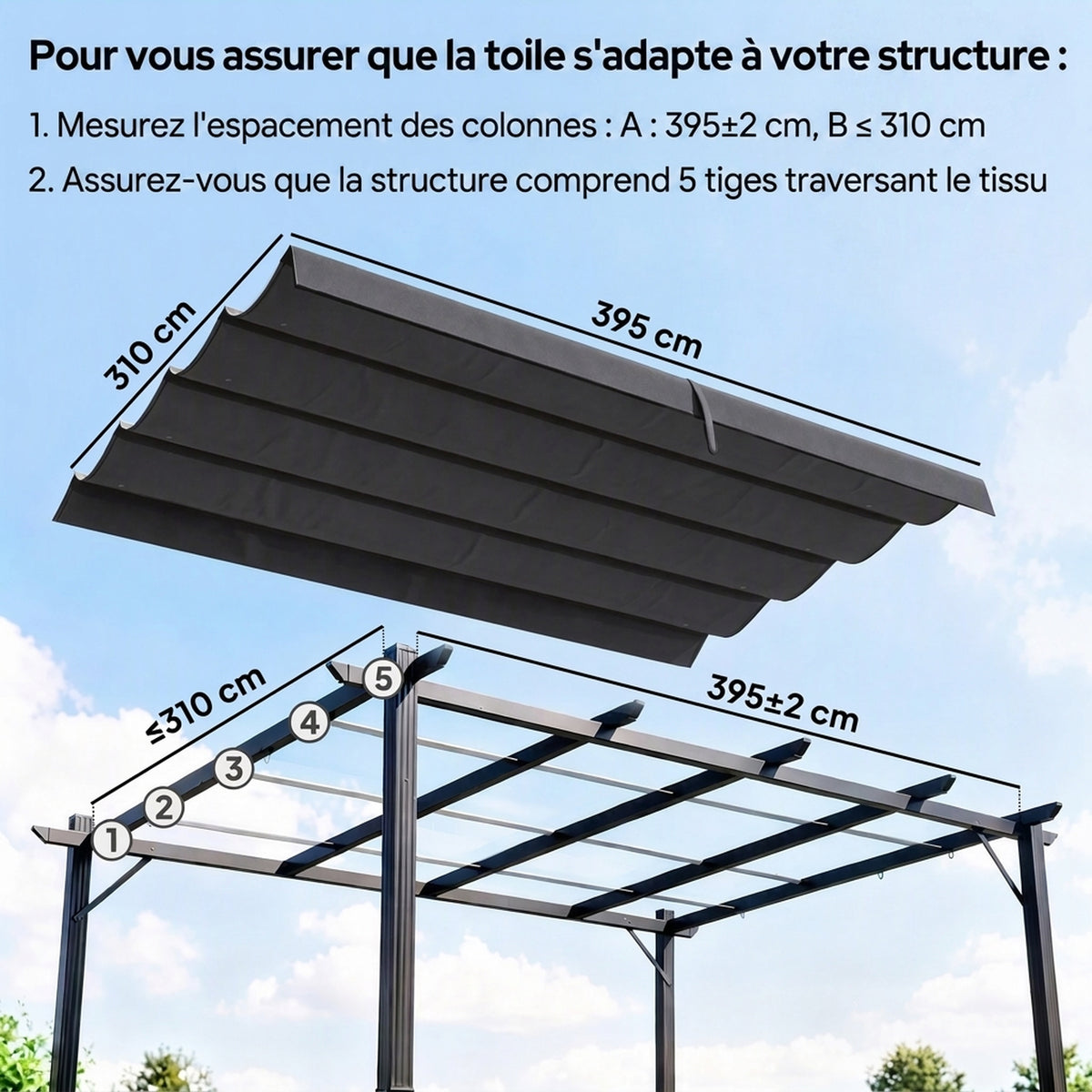 Toile de Toit pour pergola Bâche pour Pergola rétractable de 4 x 3 m, Toile Uniquement 392 x 350 cm, Gris foncé-3