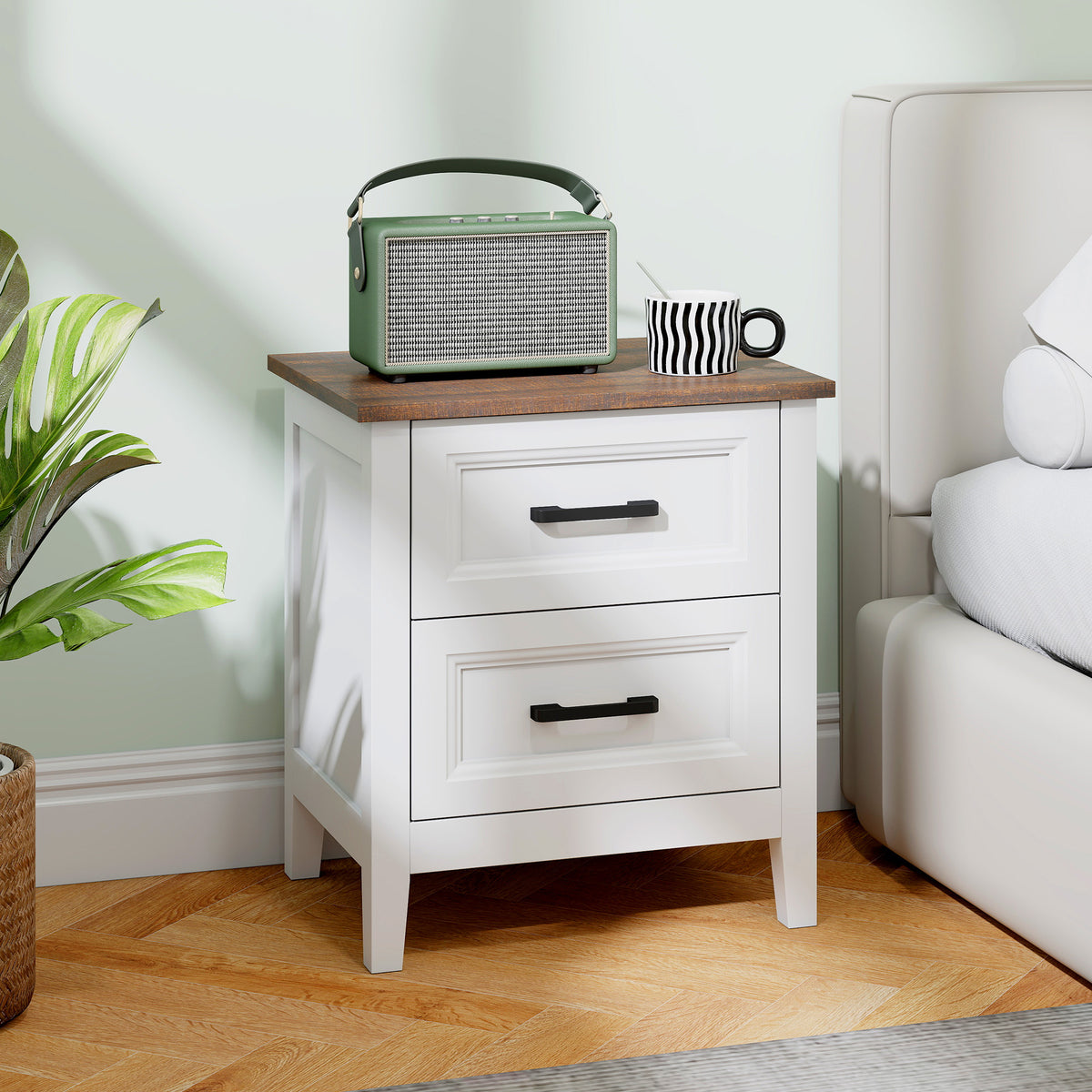 Table de chevet, table de nuit avec 2 tiroirs, plateau effet bois, style rustique, pour chambre à coucher, salon, blanc-9
