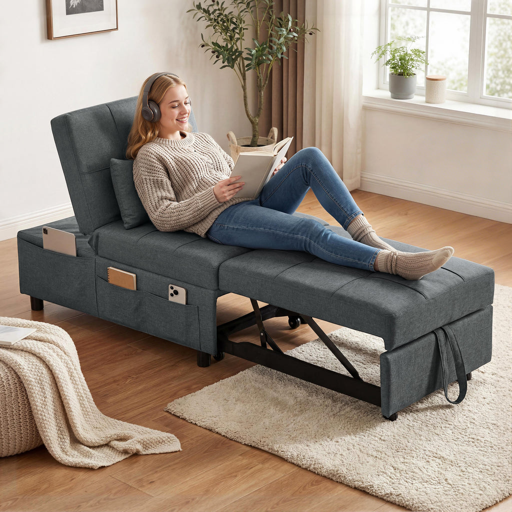 Fauteuil convertible 1 place fauteuil lit avec dossier réglable, siège rembourré et oreiller, gris-9