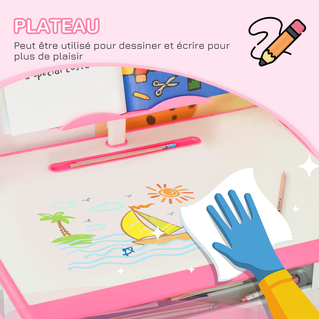 Bureau et chaise pour enfant avec support de lecture casier crochet et porte stylo 60 x 45x 90-102 cm rose-6