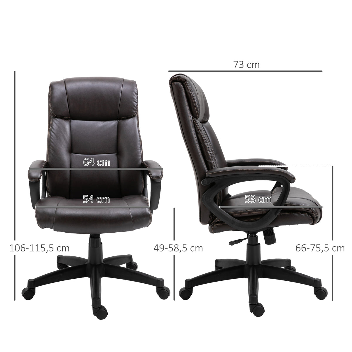 Fauteuil de bureau chaise de bureau ergonomique réglable roulettes pivotant 360° revêtement synthétique PU 64 x 73 x 106-115,5 cm chocolat-2