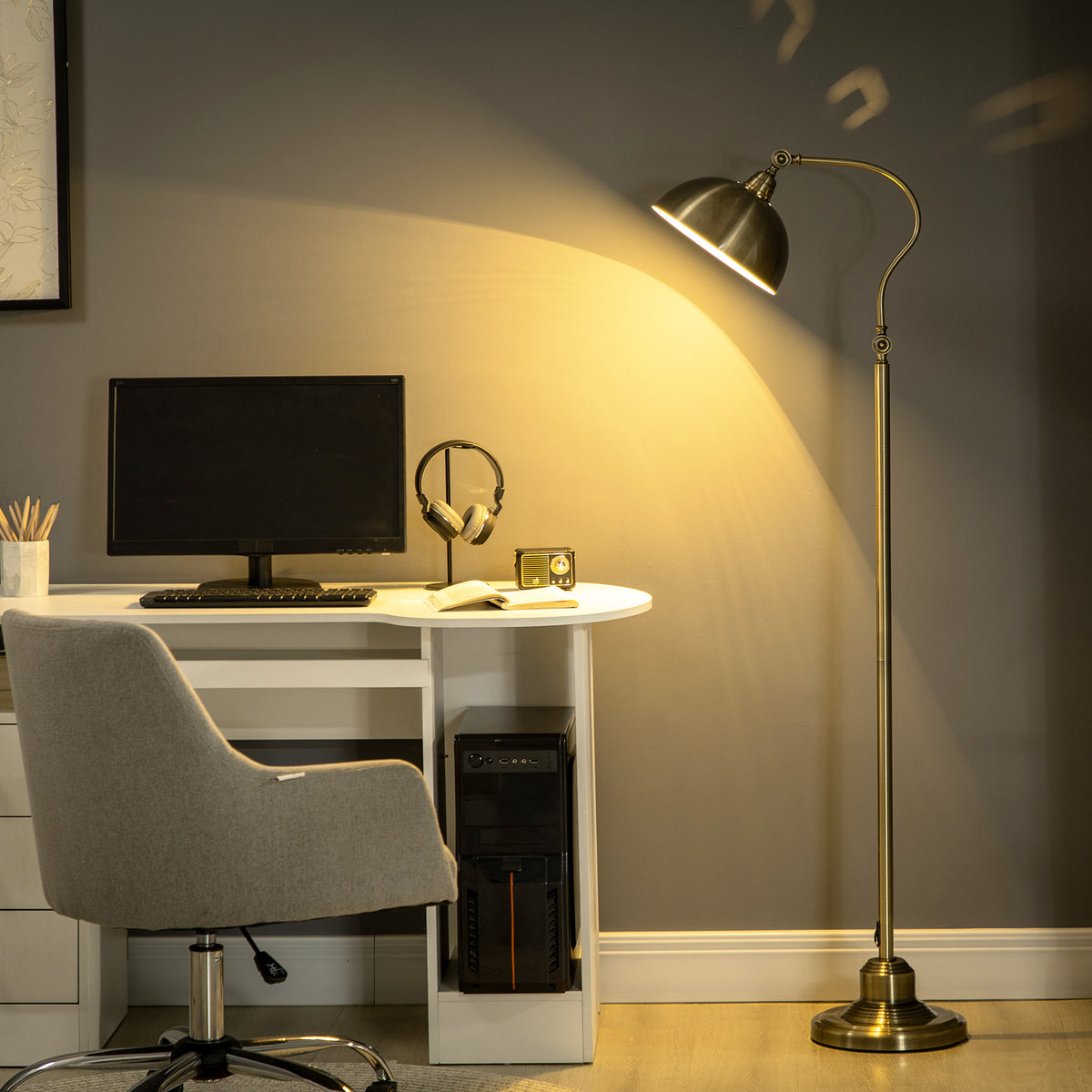 Lampadaire sur pied salon, lampe salon rétro avec abat-jour réglable, interrupteur à pied 42 x 25,5 x 152 cm ton laiton-1
