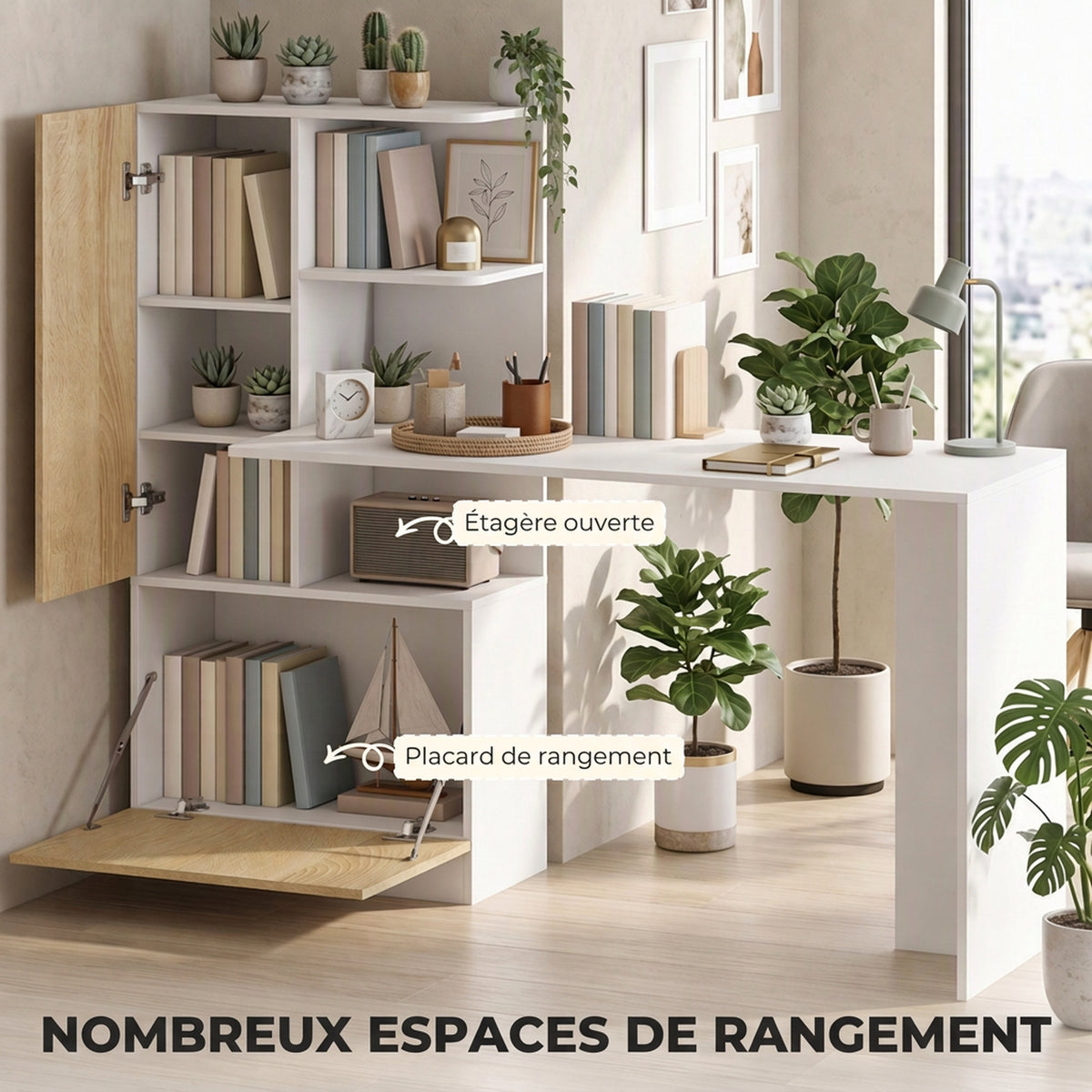 Bureau d'Ordinateur avec Bibliothèque, Bureau Informatique, Placard et Étagères Ouvertes, 150x55x122cm, Blanc et Naturel-3