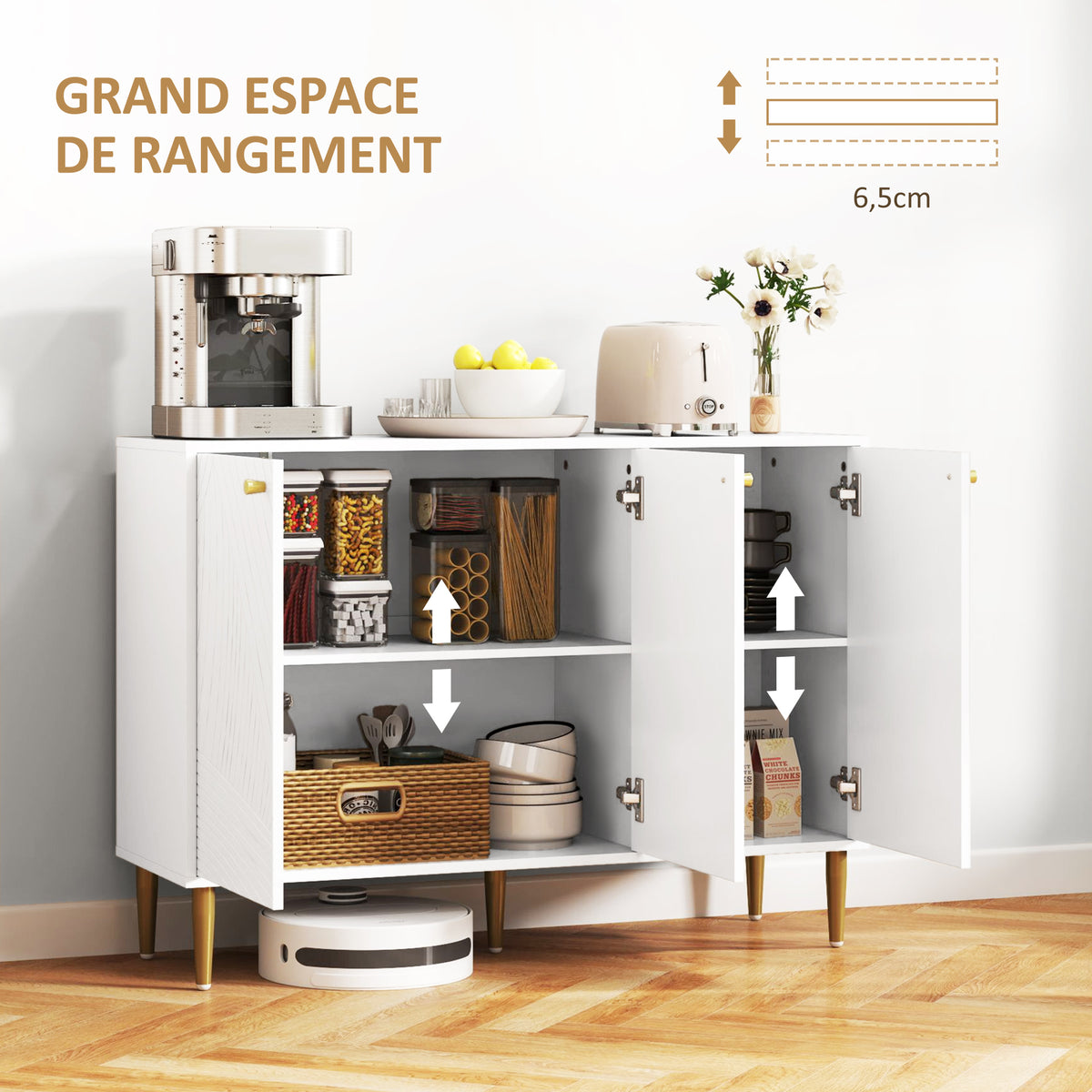 Buffet meuble de rangement avec 2 placard 3 portes étagères ajustables pieds dorés en acier 107 x 35 x 77 cm blanc-3