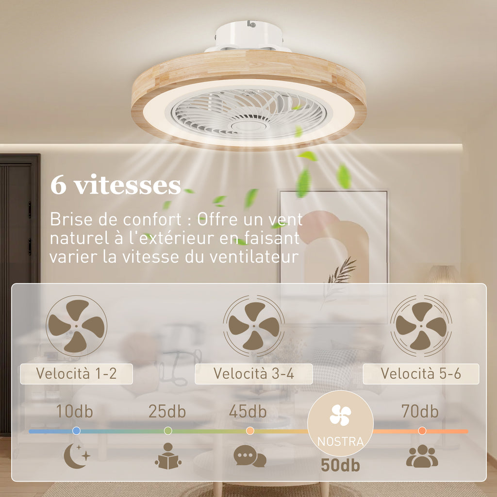 Ventilateur de plafond réversible avec lumière et télécommande 6 vitesses, minuterie, luminosité réglable, bois naturel-4