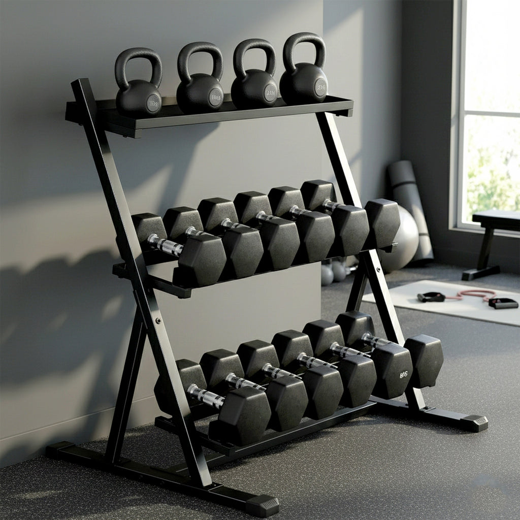 Support pour haltères à 3 niveaux, support de poids réglable en acier pour haltères, kettlebells, noir-7