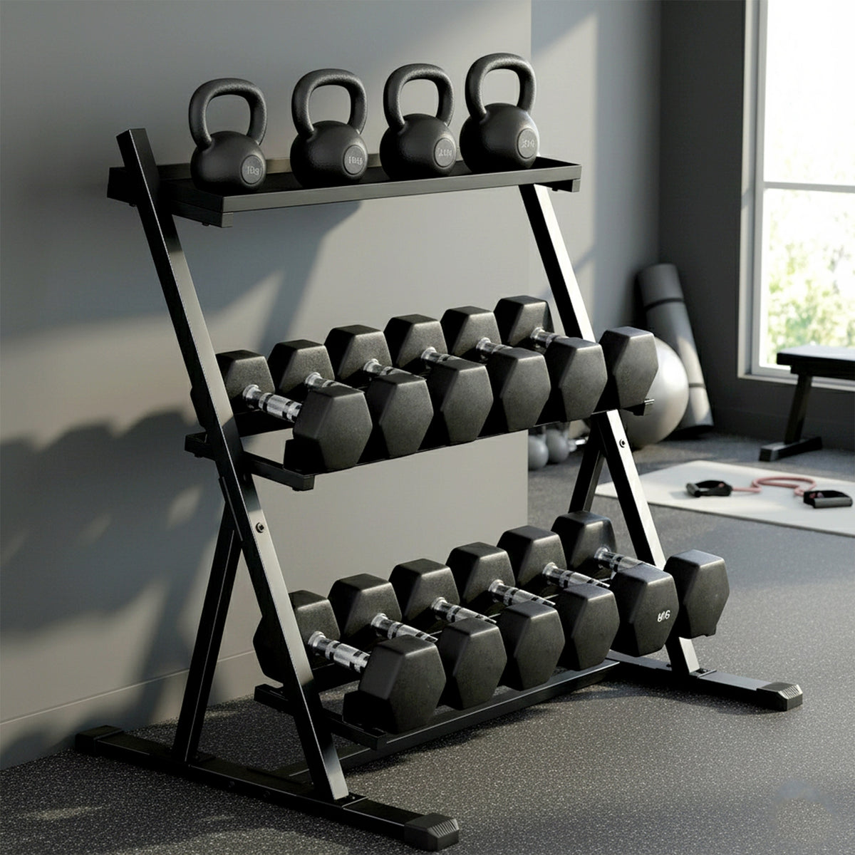 Support pour haltères à 3 niveaux, support de poids réglable en acier pour haltères, kettlebells, noir-7