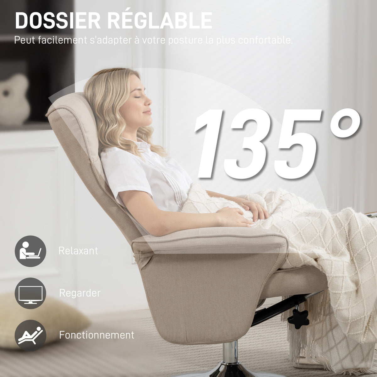 Fauteuil relax inclinable 135° pivotant 360° avec repose-pieds revêtement tissu beige-3