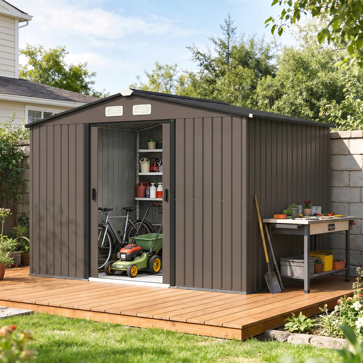 Abri de jardin 5,4 m² 2,77 x 1,95 x 1,92 m kit de fondation porte coulissante ventilations acier galvanisé, marron-1