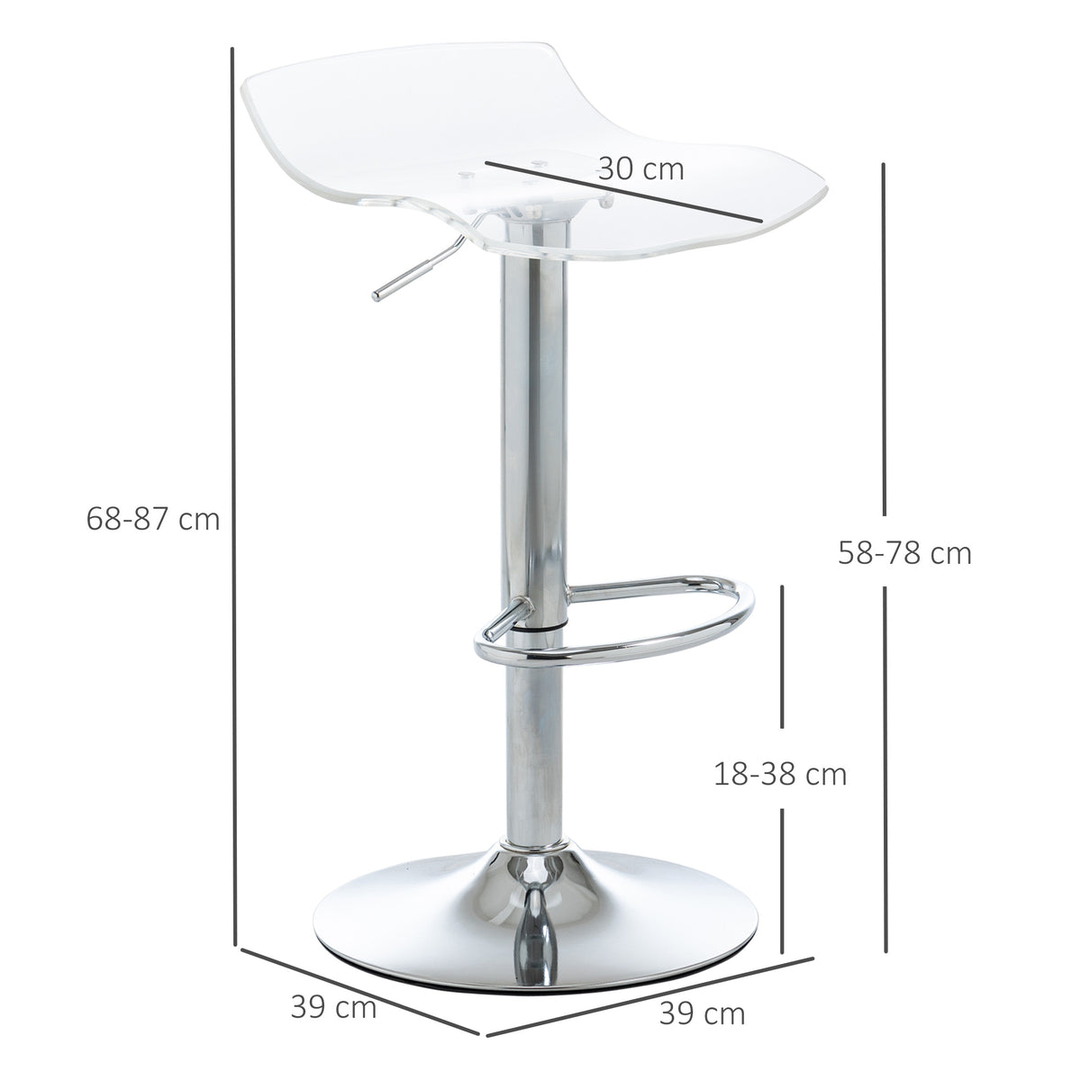 Lot de 2 tabourets de bar design contemporain assise acrylique et piètement métal - pivotant 360° - hauteur réglable avec repose-pieds - transparent-2