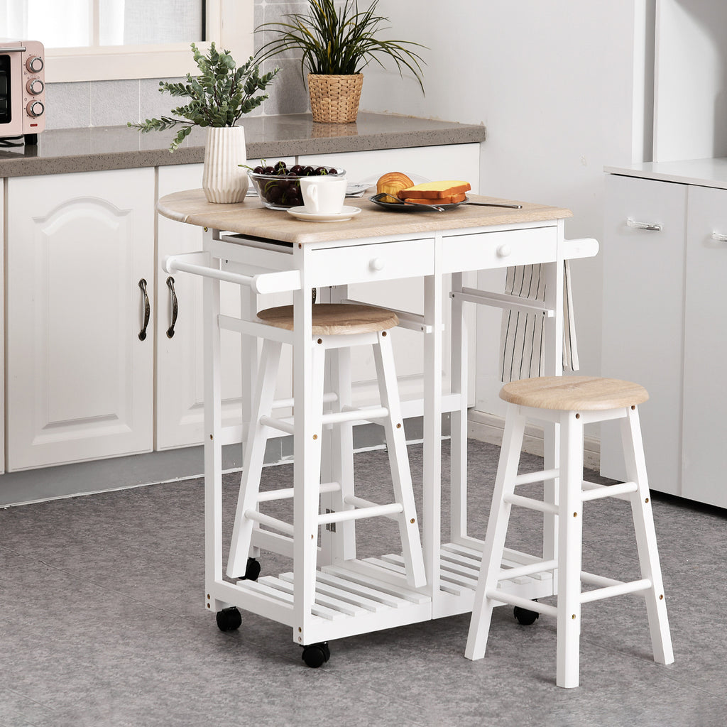 Ensemble Table de Bar Pliable sur roulettes avec étagère et 2 tiroirs + 2 tabourets Bois pin MDF Blanc chêne Clair-1