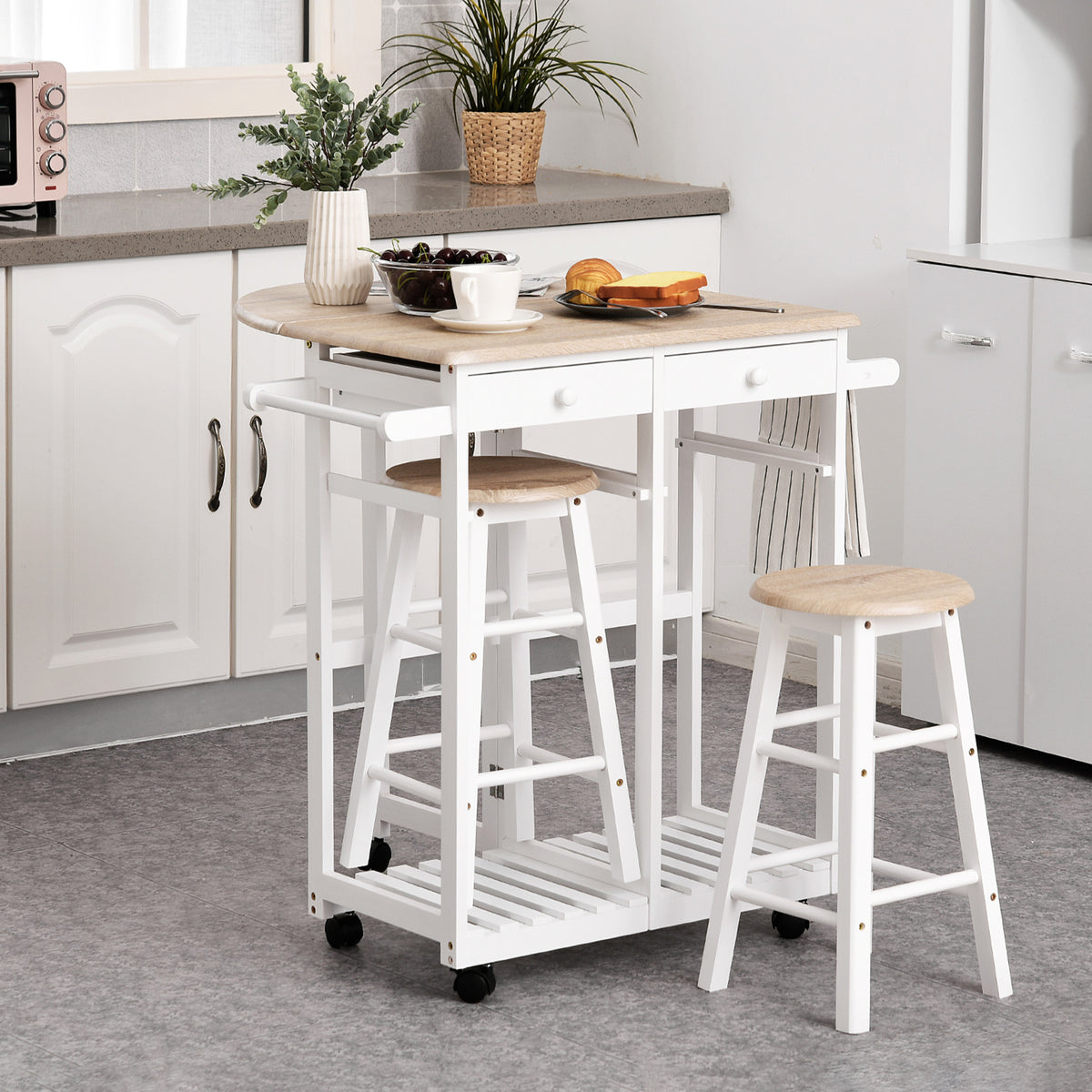 Ensemble Table de Bar Pliable sur roulettes avec étagère et 2 tiroirs + 2 tabourets Bois pin MDF Blanc chêne Clair-1