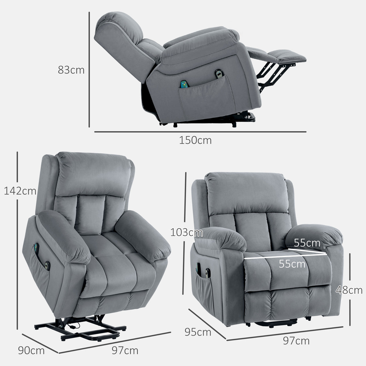 Fauteuil releveur électrique avec fonction massage et chaleur inclinaison réglable revêtement synthétique tissu gris-2