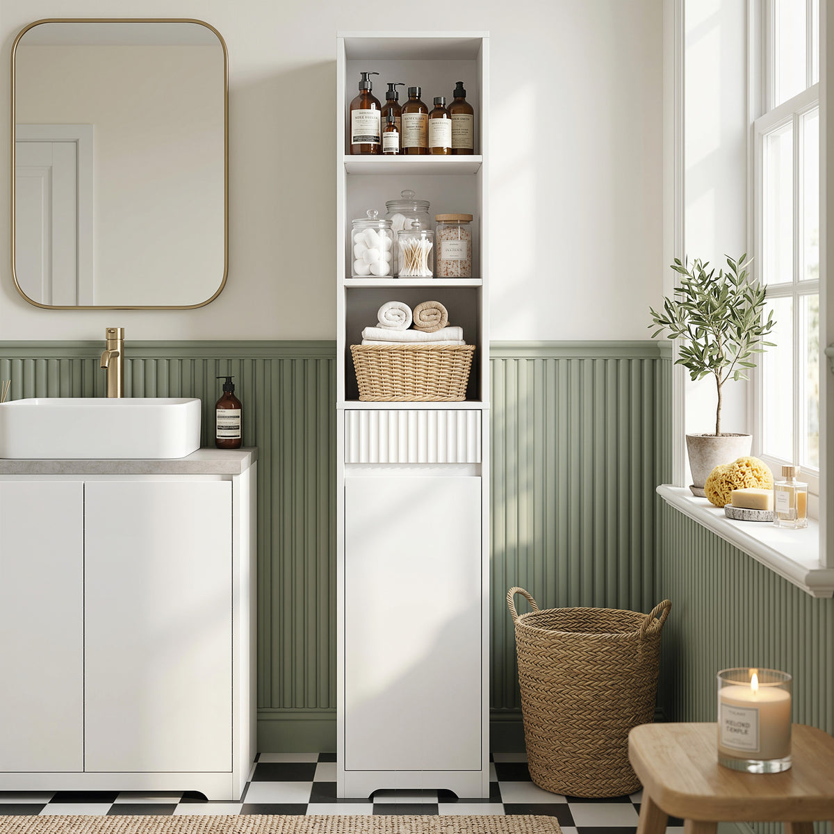 Meuble de salle de bain haut, meuble de rangement avec porte, tiroir, compartiments ouverts, étagère réglable, blanc-1