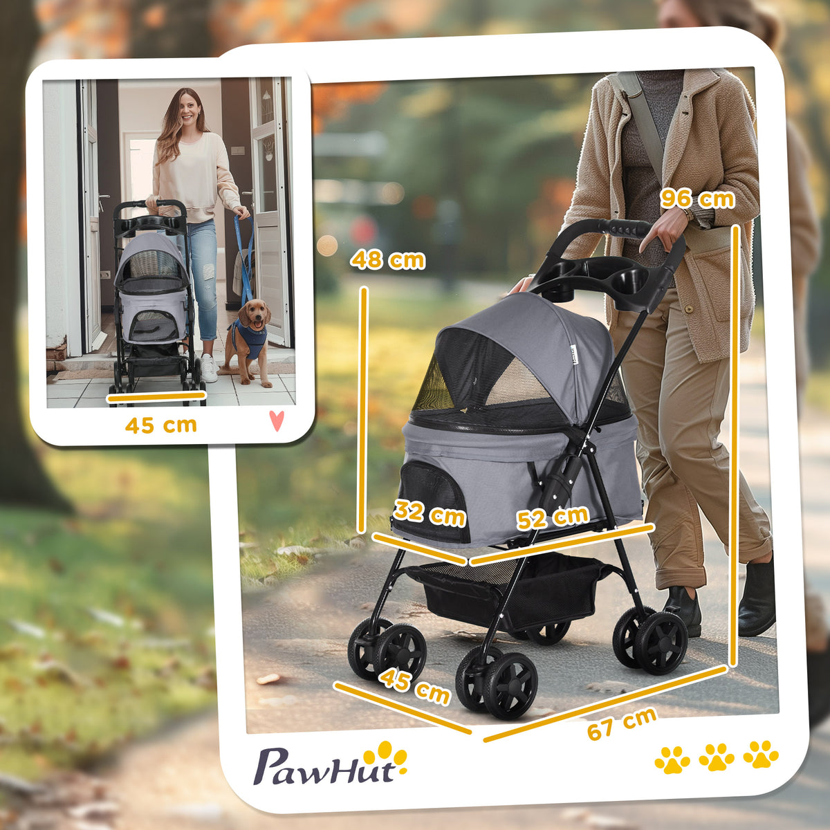 Poussette pour chien et chat pliable, 4 roues avec freins, tissu Oxford 300D imperméable, panier de rangement, gris-2