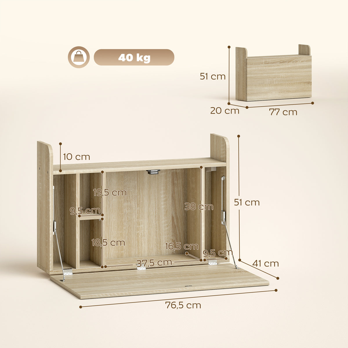 Bureau suspendu table murale table d'ordinateur murale et tablette rabattable avec rangements - 77 x 20 x 51 cm-2