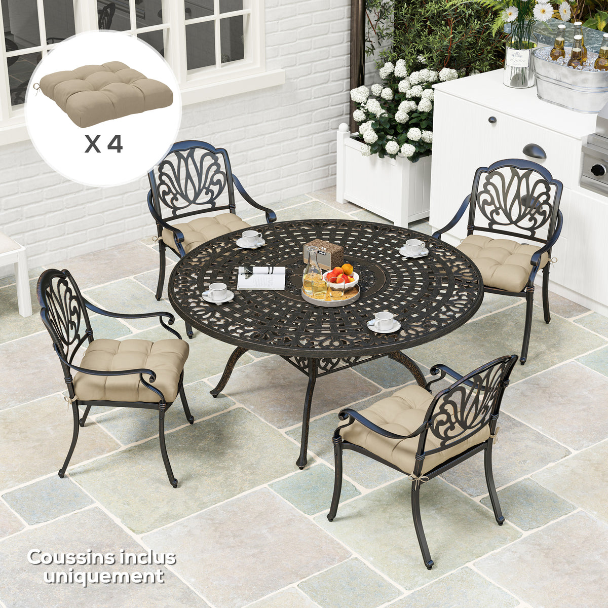 Lot de 4 coussins de chaise de jardin, coussins extérieurs capitonné, rembourrage 10 cm avec attaches, 48 x 48 cm kaki-8
