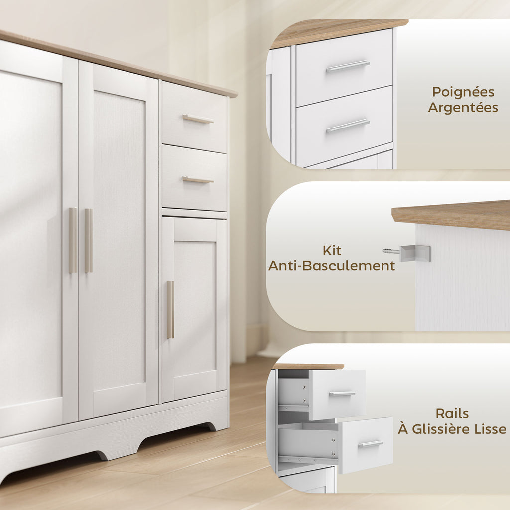 Buffet salon, meuble de rangement avec 2 tiroirs, 3 portes et étagère réglable, 100 x 40 x 78 cm, blanc et bois naturel-5