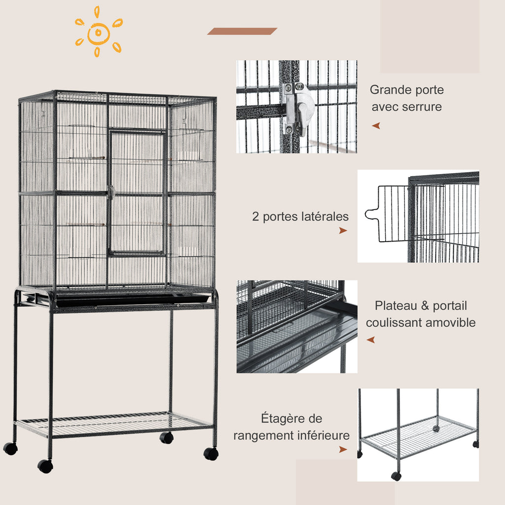 Cage à Oiseaux Portable avec 4 Mangeoires et 4 Perchoirs Pratique 81 x 48 x 162,5 cm Noir et Gris-4