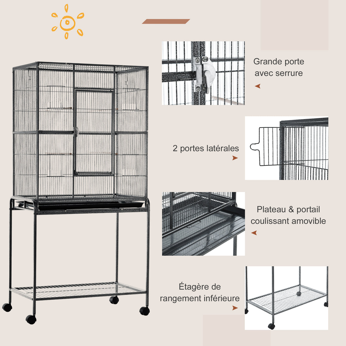 Cage à Oiseaux Portable avec 4 Mangeoires et 4 Perchoirs Pratique 81 x 48 x 162,5 cm Noir et Gris-4