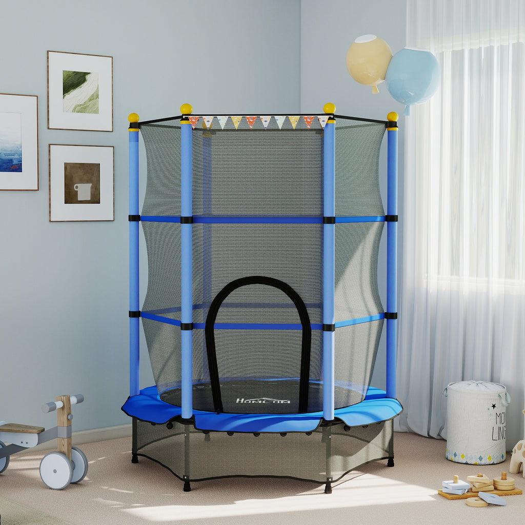 Trampoline Enfant Ø 1,40 × 1,90H m Filet de sécurité Porte zipée Couvre-Ressorts 6 poteaux rembourrés Inclus Bleu-9
