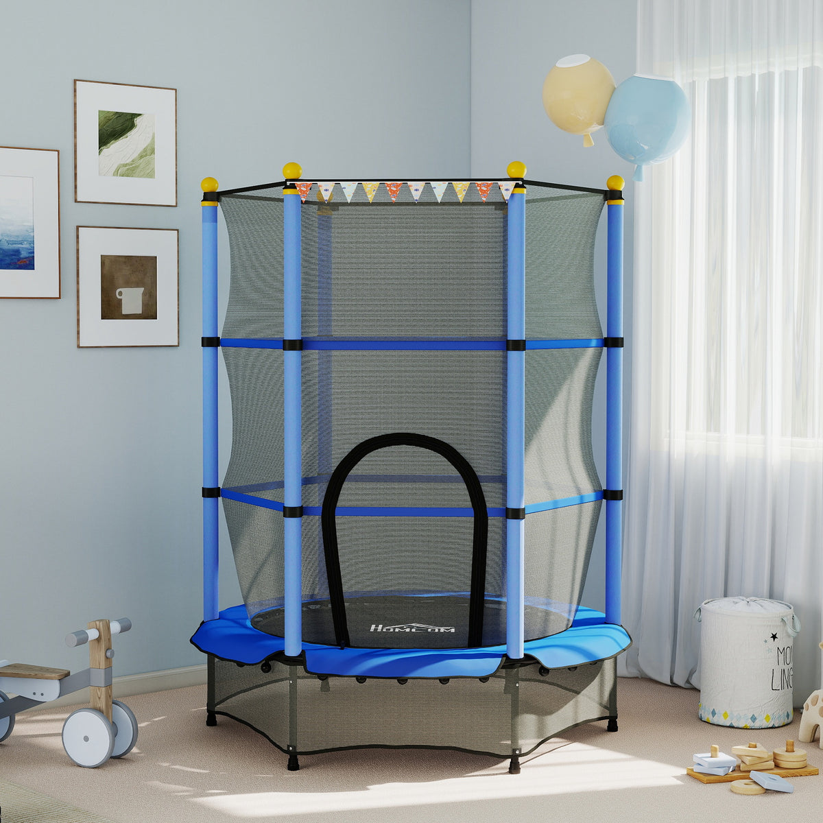 Trampoline Enfant Ø 1,40 × 1,90H m Filet de sécurité Porte zipée Couvre-Ressorts 6 poteaux rembourrés Inclus Bleu-9